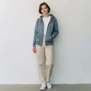 Woman wearing GABA heavy heavyweight hoodie in grey with pink drawstrings.