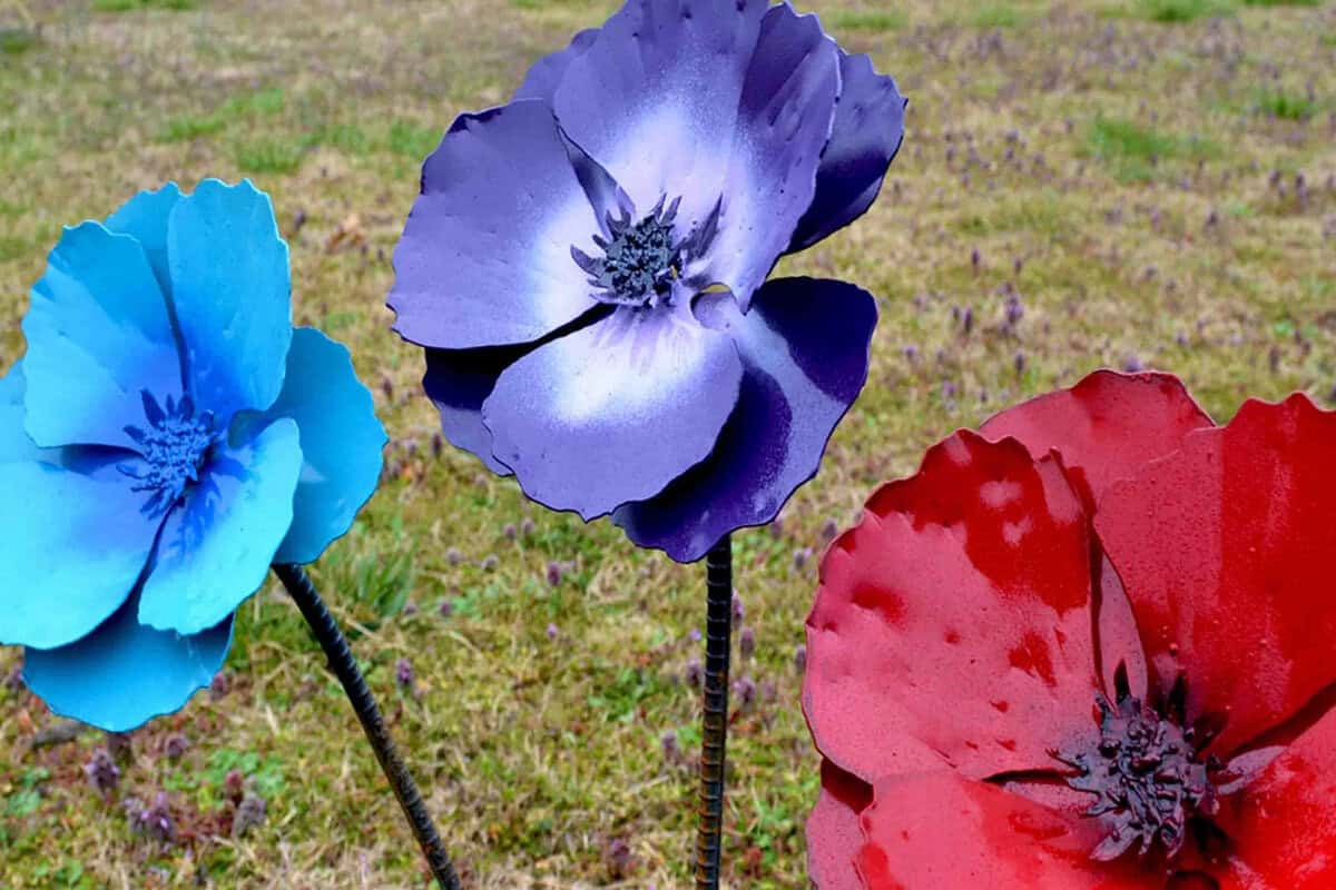 blue purple and red poppy metal garden stakes
