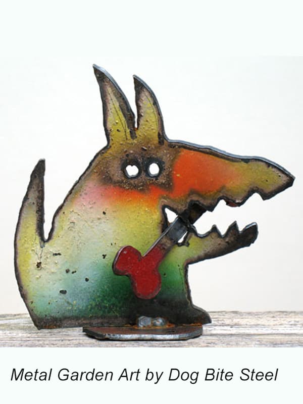 colorful metal dog sculpture by Dog Bite Steel