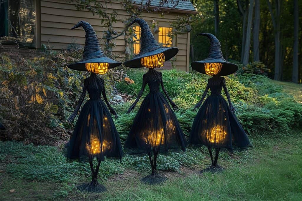 Three witch-themed Halloween garden stakes with glowing lights and pointed hats.