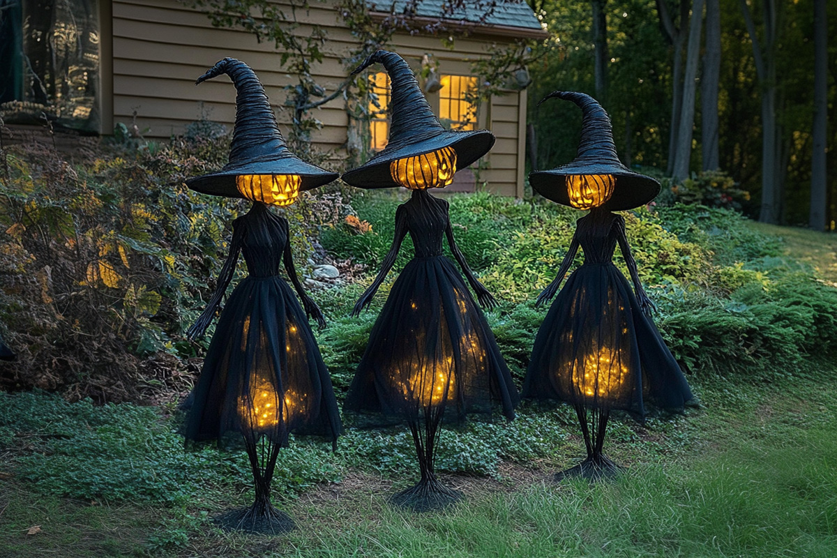 Three witch-themed Halloween garden stakes with glowing lights and pointed hats.