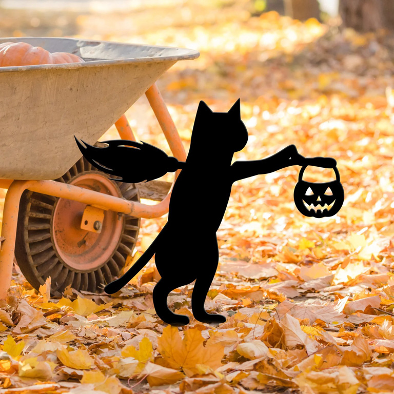 cat with broom & pumpkin garden stake