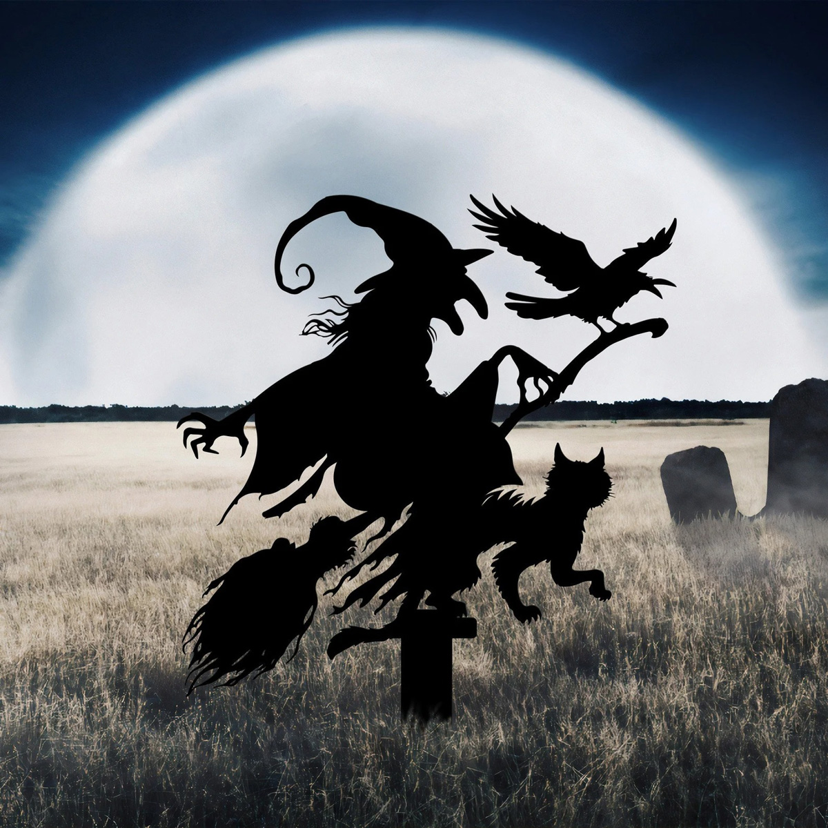 witch on a broomstick with cat and crow metal stake