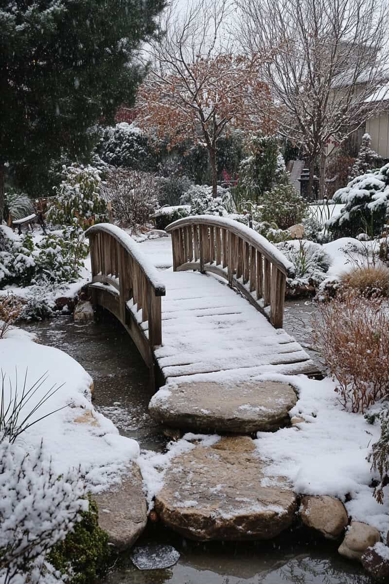a snowy garden with a bridge