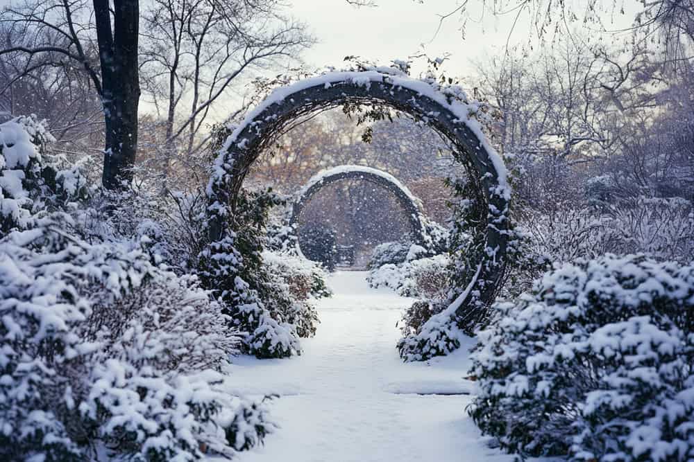 moon gates in a garden covered with snow