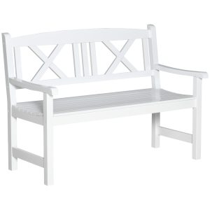 Outsunny 2-Seater Wooden Garden Bench, 4FT Outdoor Patio Loveseat with Unique X-Shape Back for Yard, Lawn, Porch, White