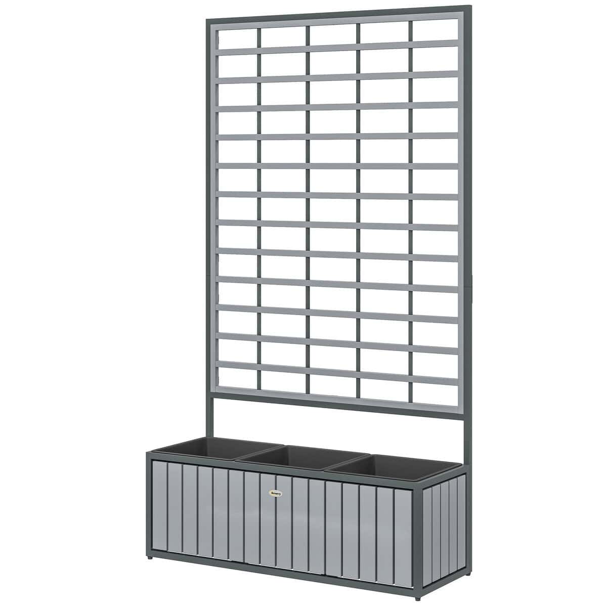 Outsunny Wooden Raised Garden Bed with Trellis, Removable Pots, for Backyard, Patio, Balcony, 29" x 11" x 52", Gray