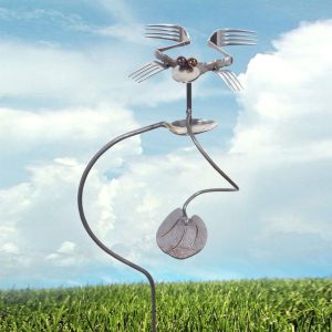 forky frog balancing garden stake