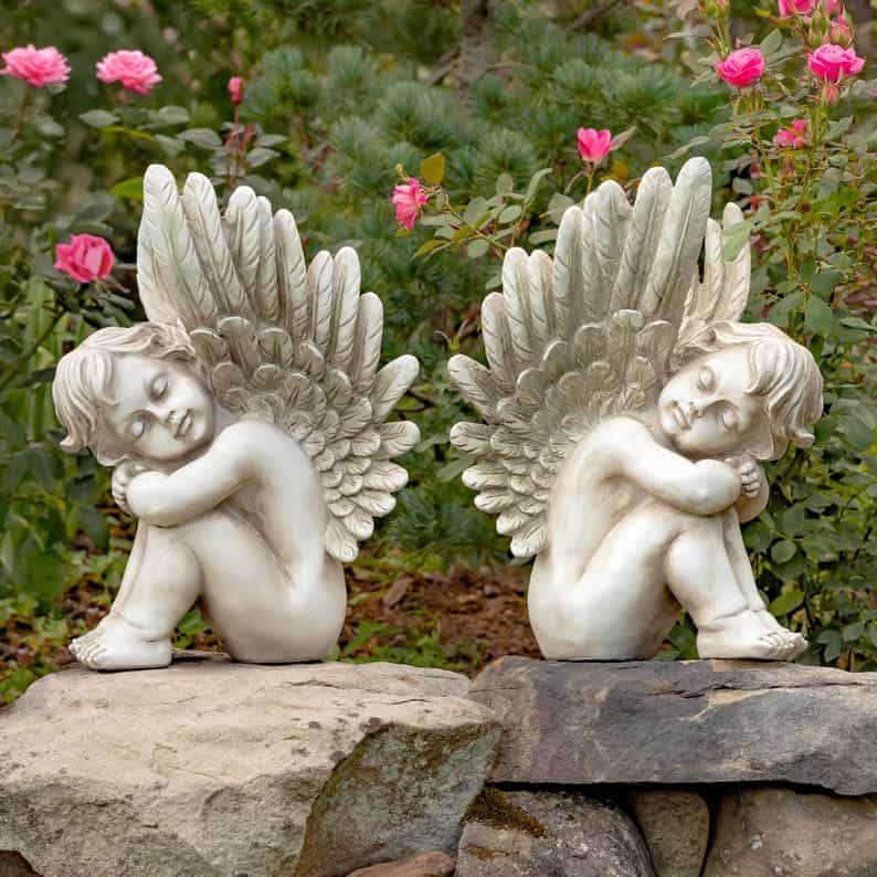 2 polyresin cherub garden statues