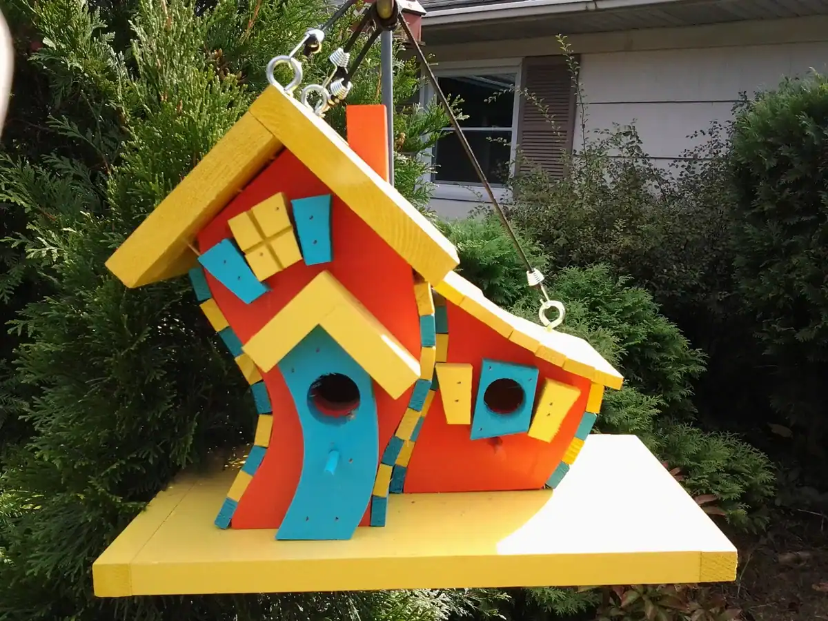 crooked birdhouse orange and yellow