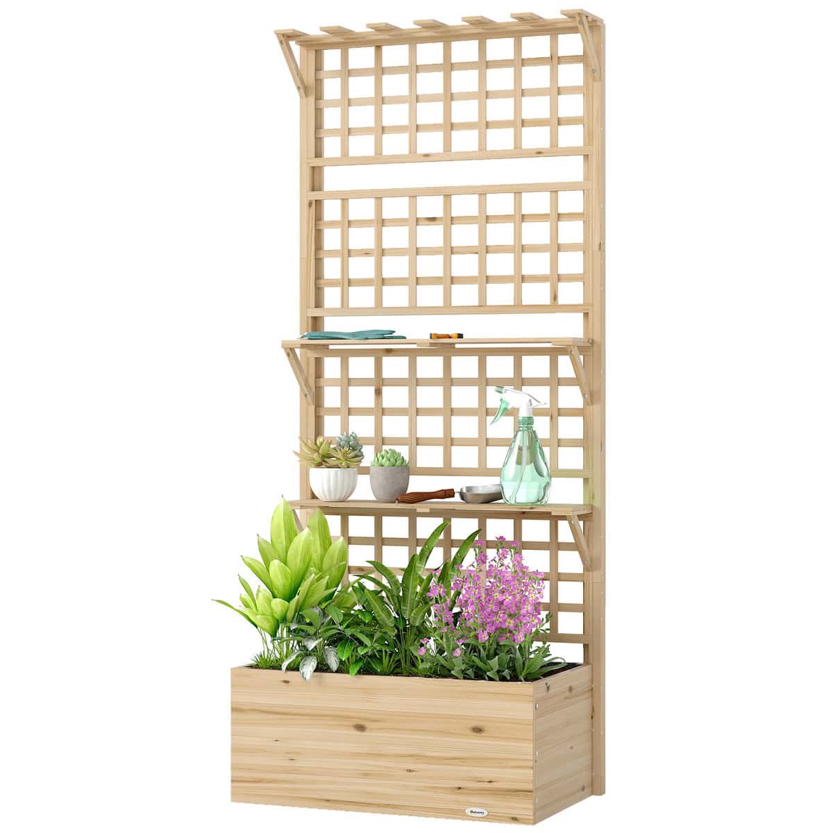 Outsunny Wooden Raised Garden Bed with Trellis and Roof, Elevated Planter Box with 2 Shelves, Drainage Hole and Liner, Natural