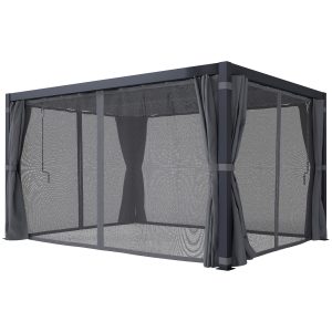 Outsunny 10' x 13' Outdoor Retractable Pergola w/ Sun Shade Louvered Top, Pergola w/ Canopy, Curtains, Netting, Dark Gray