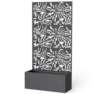Outsunny Metal Planter Box with Trellis, 71" Tall Raised Garden Bed with Privacy Screen and Drainage Holes, Banana-Leaf Cut-Outs