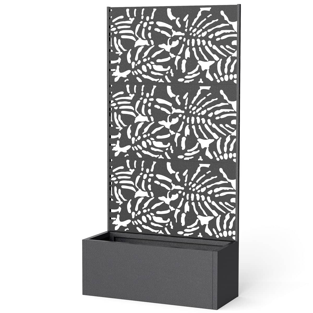 Outsunny Metal Planter Box with Trellis, 71" Tall Raised Garden Bed with Privacy Screen and Drainage Holes, Banana-Leaf Cut-Outs