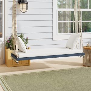 Acacia Wood Porch Swing with Cushion & 2 Pillow for Garden, Hanging Patio Bench with Durable Hemp Rope, 63" L x 23.5" W x 2" H, Gray | Aosom.com