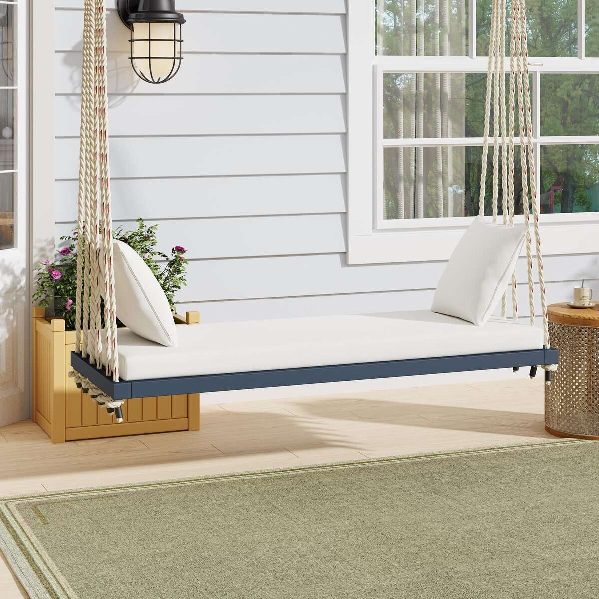 Acacia Wood Porch Swing with Cushion & 2 Pillow for Garden, Hanging Patio Bench with Durable Hemp Rope, 63" L x 23.5" W x 2" H, Gray | Aosom.com