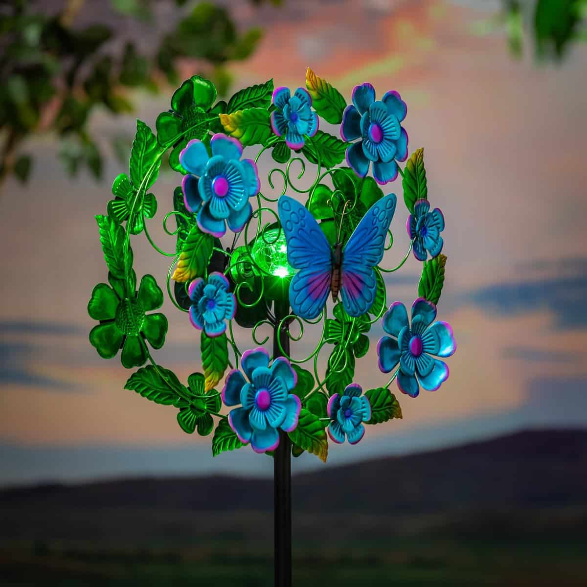 Blue Flower & Butterfly Solar Metal Wind Spinner, 74" H