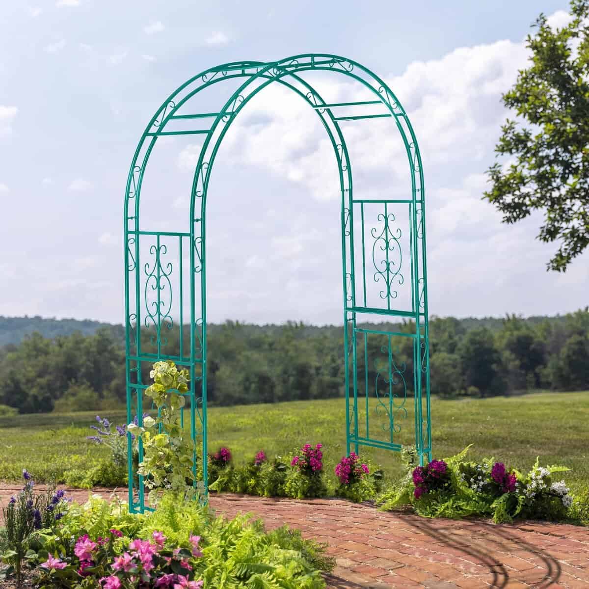 Colored Montebello Scrollwork Metal Garden Arbor, Coastal Blue
