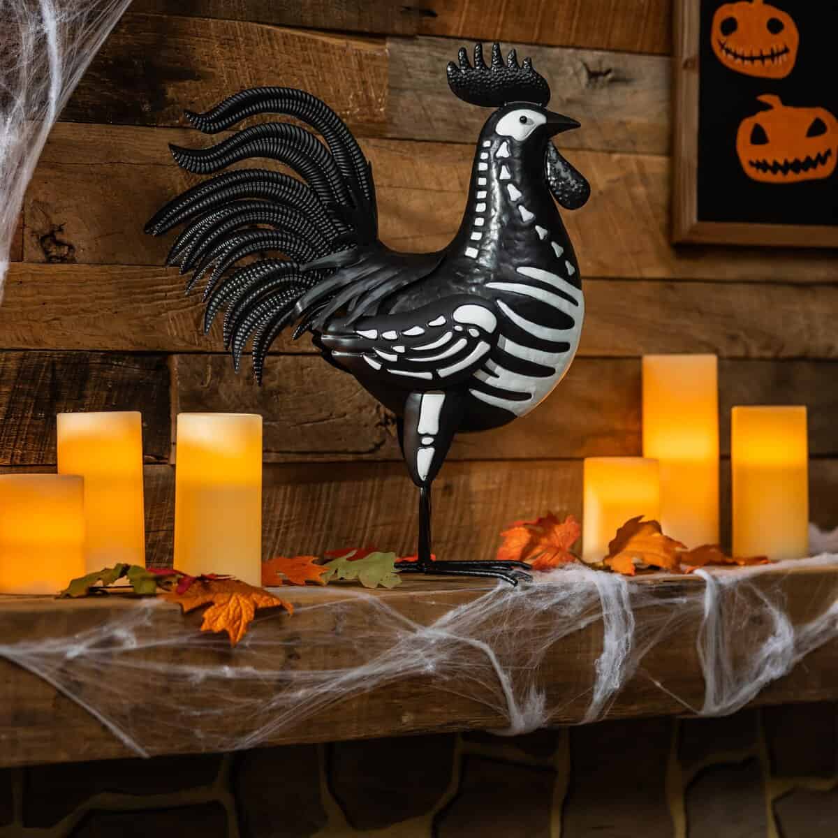 Halloween Metal Rooster Skeleton Garden Statue