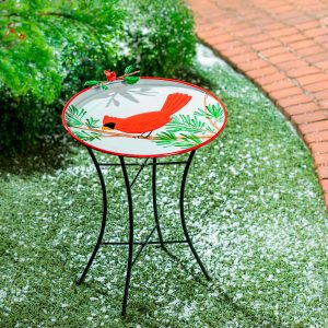 Holiday Poinsettia Birdbath, Metal Birdbath with Stand, Cardinal, 16.5"