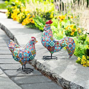 Indoor/Outdoor Tile-Inspired Rooster and Hen Statue Set