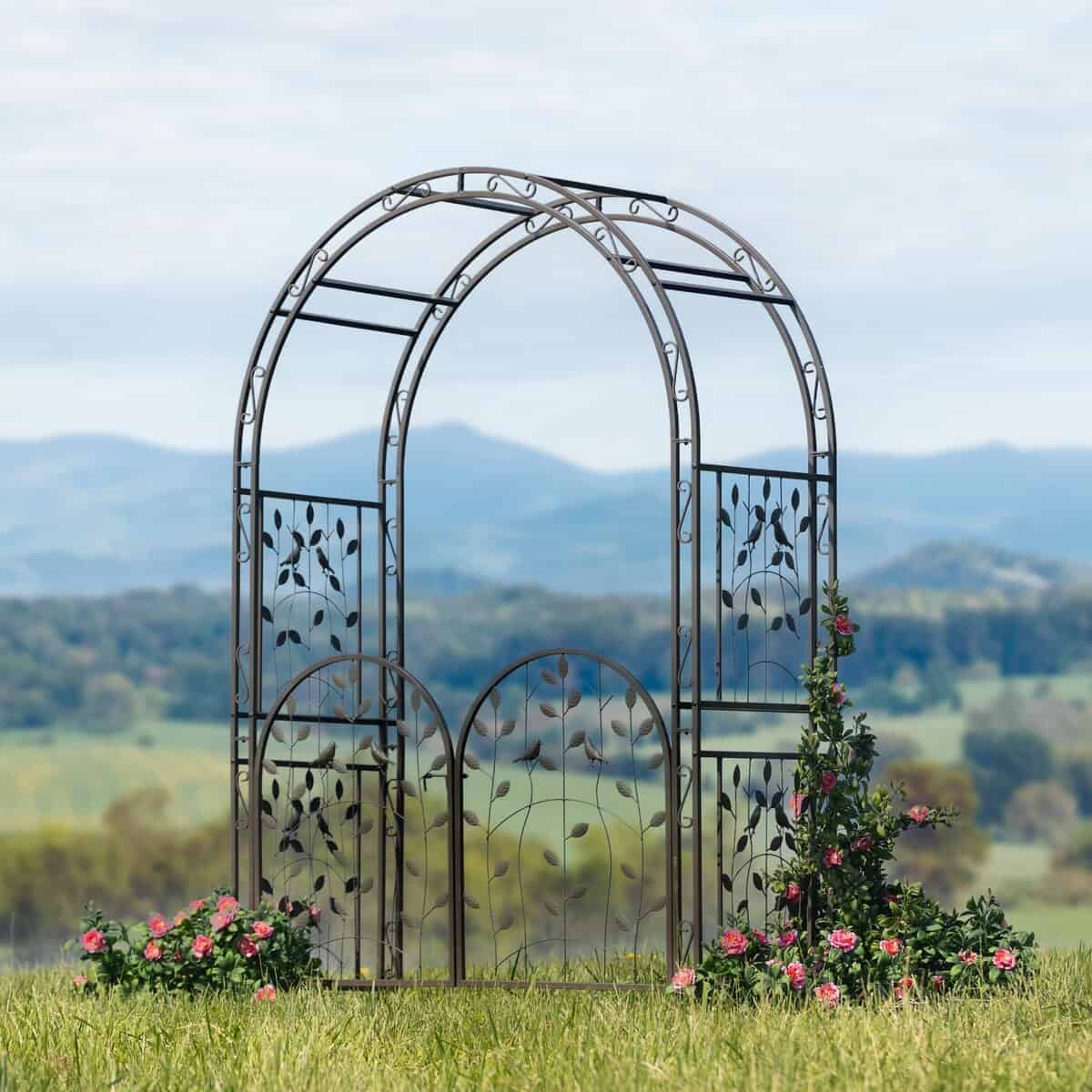 Metal Arched Birds and Leaves Garden Arbor with Gate