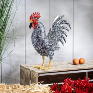 Metal Rooster With Dark Feathers Garden Statue, 14" H