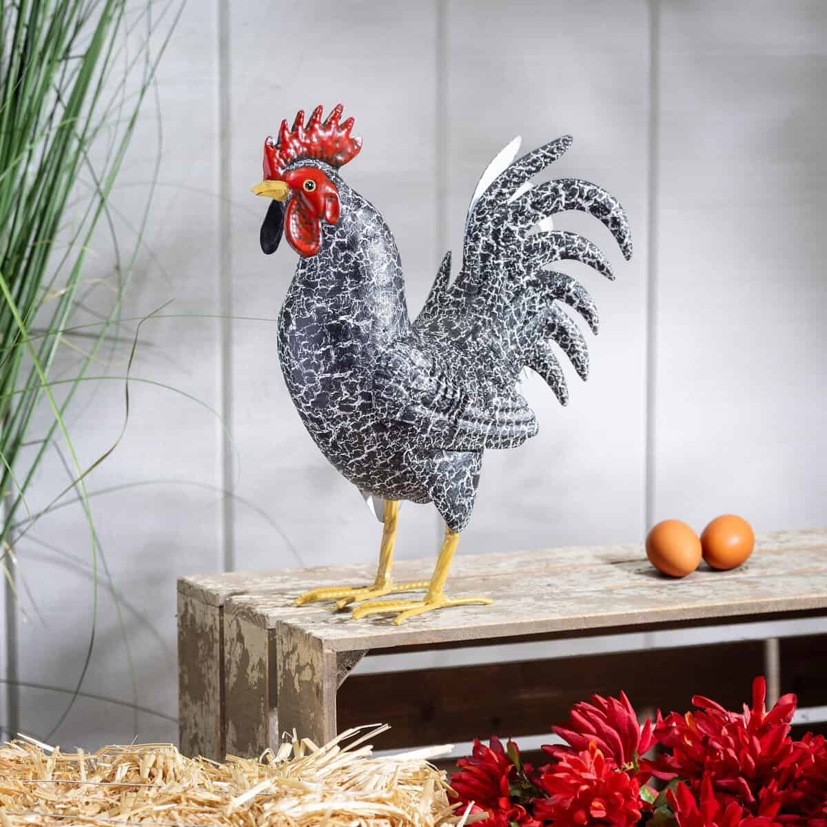 Metal Rooster With Dark Feathers Garden Statue, 14" H