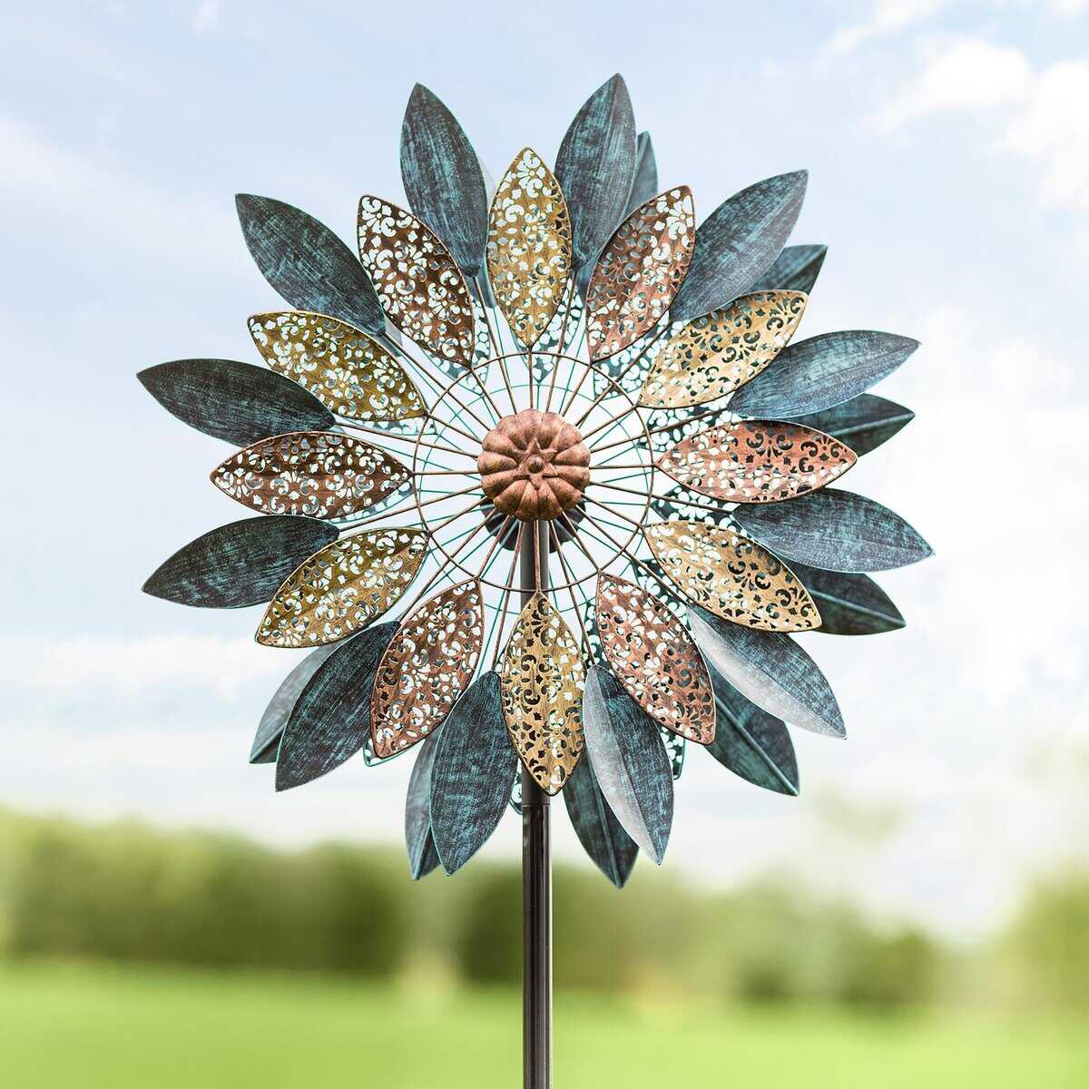 Metal Wind Spinner with Patina-Like Blue