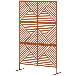 Outsunny Decorative Privacy Fence Screen, Metal Outdoor Privacy Screen Climbing Plant Trellis with Stand, Rhombus Brown