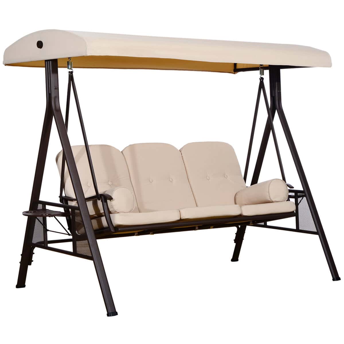 Outsunny Patio Swing Sanctuary: 3-Seat, Canopy Shade, Removable Cushions, Side Trays in Beige Elegance