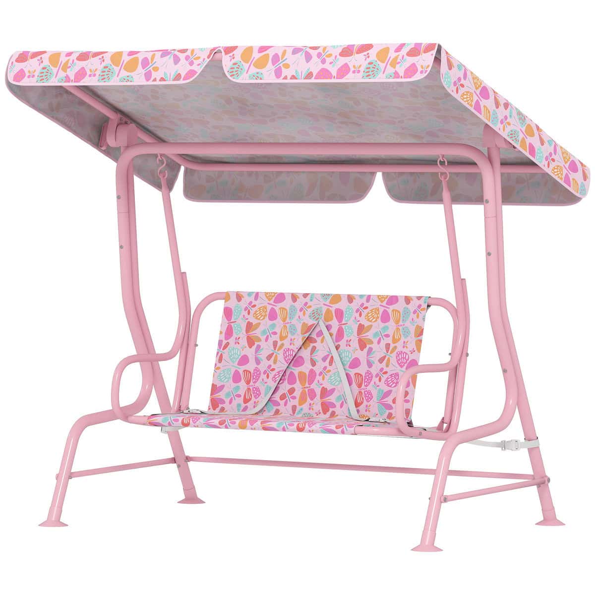 Qaba Kids Patio Swing, 2-Seater Outdoor Porch Swing with Safety Belt and Adjustable Canopy for Backyard Garden, Pink