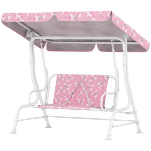 Qaba Kids Porch Swing, 2-Seater Patio Swing Bench with Safety Belts, Adjustable Canopy for Backyard, Garden, Pink