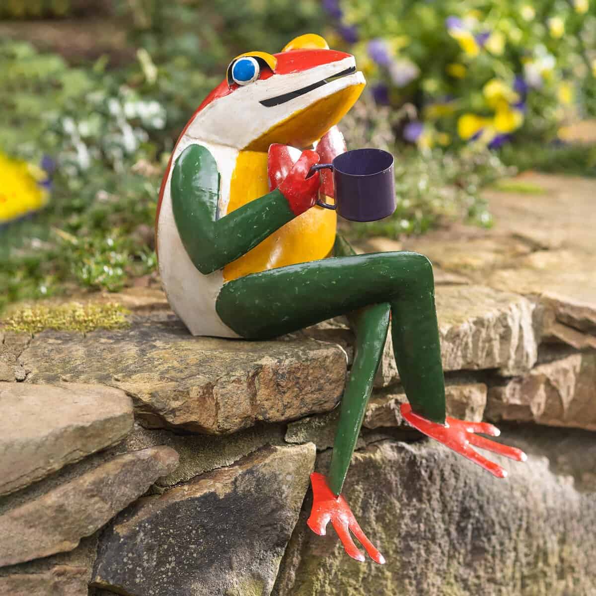 Sitting Frog with Coffee Cup Metal Garden Statue