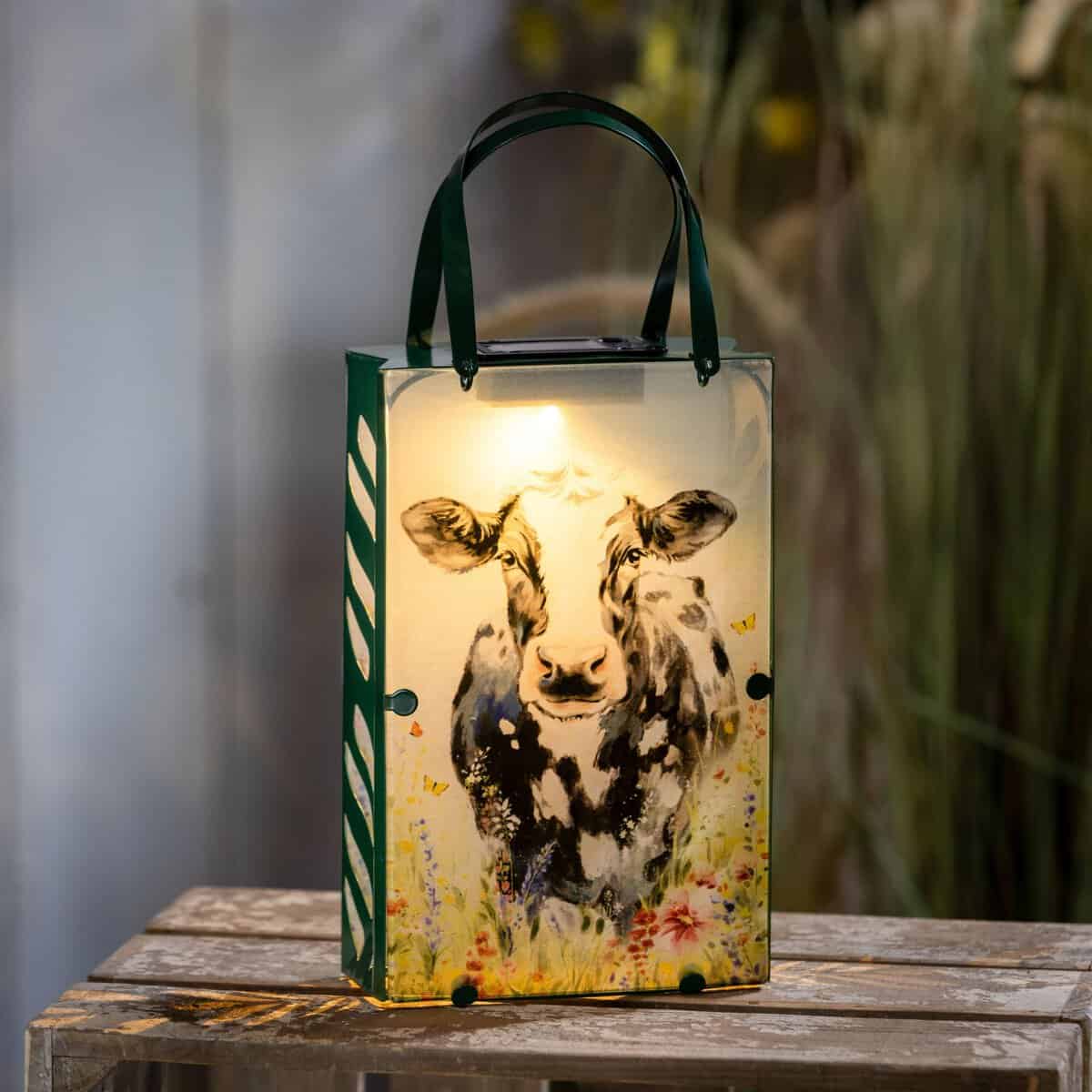 Hillside Pasture Outdoor Lamp & Lighting Metal and Glass Cow Bag Shape Solar Lantern