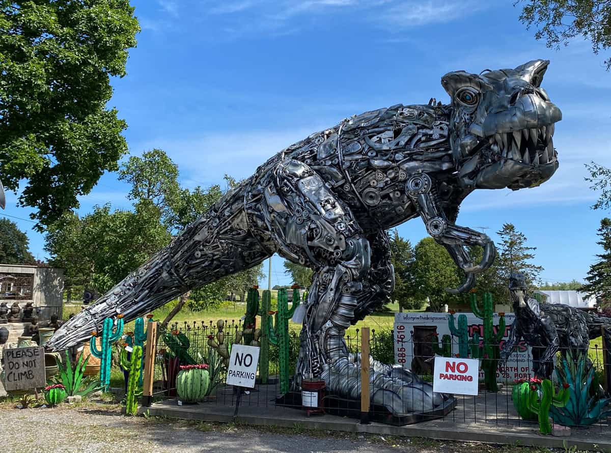 Trex_metal_sculpture_Primitive_Designs_1200 large T. rex dinosaur sculpture at Primitive Designs