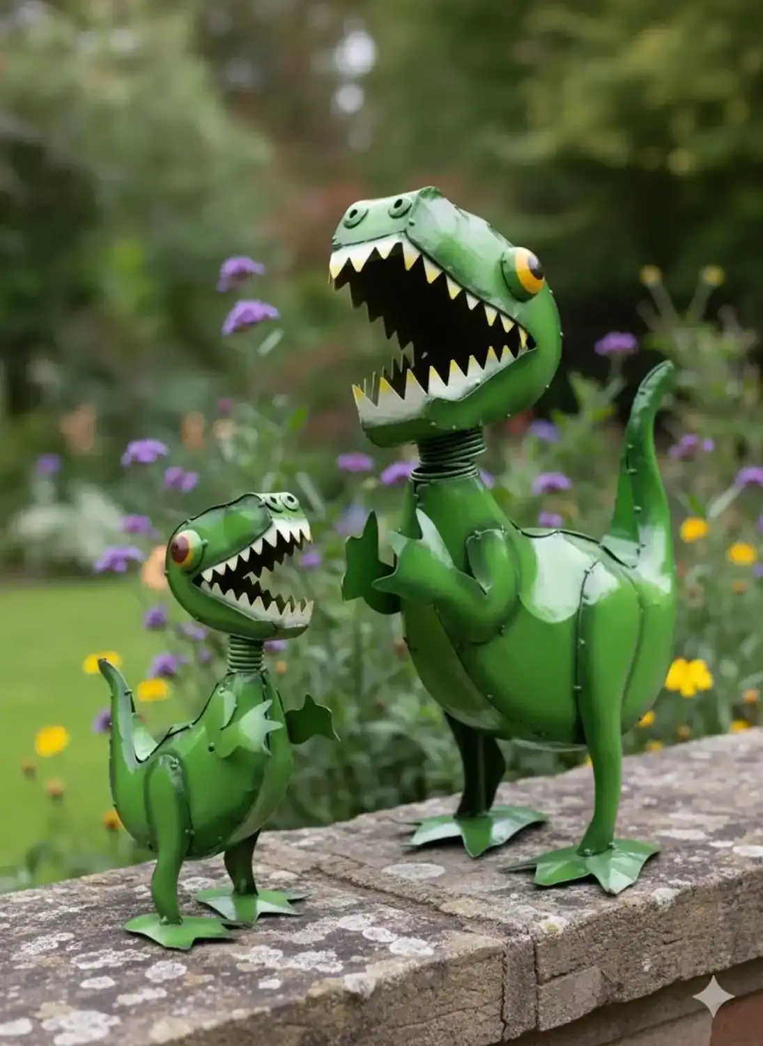 green_trex_sculpture green T. rex metal garden sculpture
