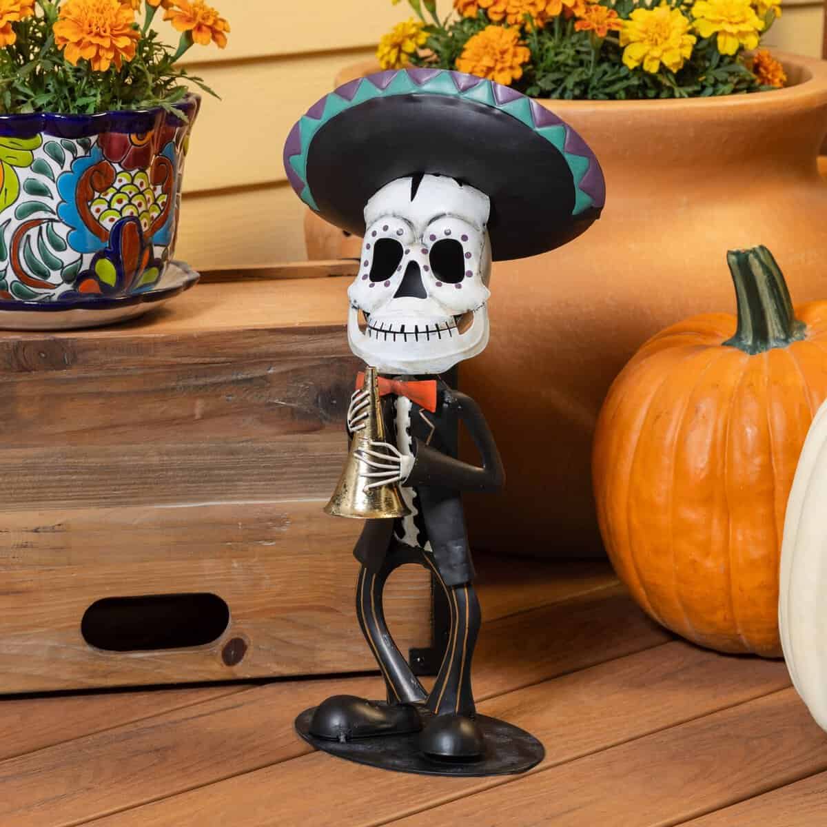 Metal Day of the Dead Skeleton with Horn Garden Statue