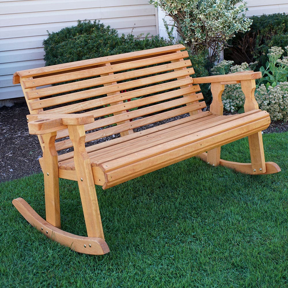 Amish Casual Roll Back Wooden Outdoor Double Rocker Bench - Oak Stain / Without Clearcoat / With Cupholder Armrests