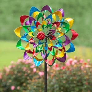 Zinnia Wind Spinner with Dual Rotors Metal Garden Stake