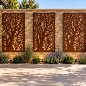 Corten Steel Privacy Panel, Laser-Cut Tree Design, Outdoor Garden Screen (Custom Size)