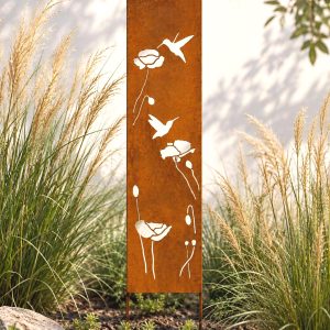 Hummingbird & Poppy Garden Panel Rustic Metal Privacy Screen 12x48