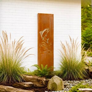 Jumping Salmon Metal Garden Panel Fish Privacy Screen 12x48 Stakes