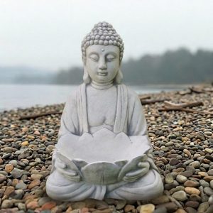 Light Grey Buddha Statue with Lotus Bowl Bird Feeder Garden Figurine Outdoor Sculpture Zen Spiritual Decor for Patio Yard Home Interior Gift