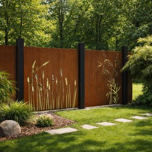 Modern Corten Steel Privacy Panels with Laser-Cut Botanical Design Custom Outdoor Metal Screens