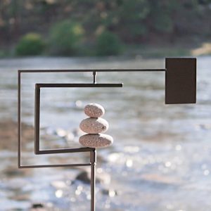Modern Zen Kinetic Wind Spinner Metal Yard Art Garden Sculpture Outdoor Steel Decor with Rock Cairn By Aura Life