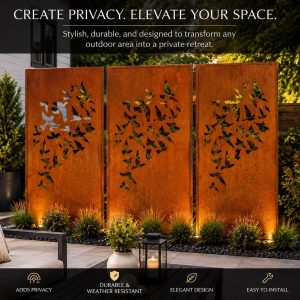 Outdoor Metal Privacy Screen: Decorative Garden Panel with Floral Sculpture for Yard Decor