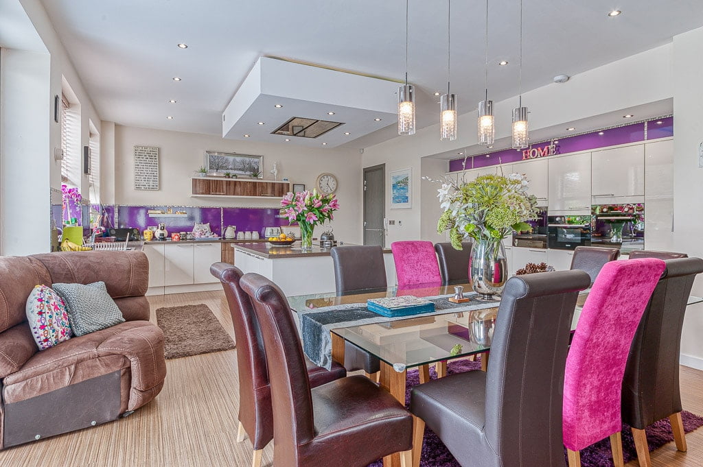 Beautiful interior photograph of kitchen and dining room