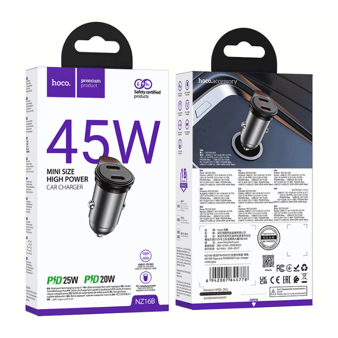 מטען רכב מהיר HOCO NZ16B 45W עם שתי יציאות USB-C, תואם לטעינה מהירה לרכב, עיצוב קומפקטי ואיכותי, מתאים לנהגים ולנוסעים, כולל הגנה מפני עומס וקצר.