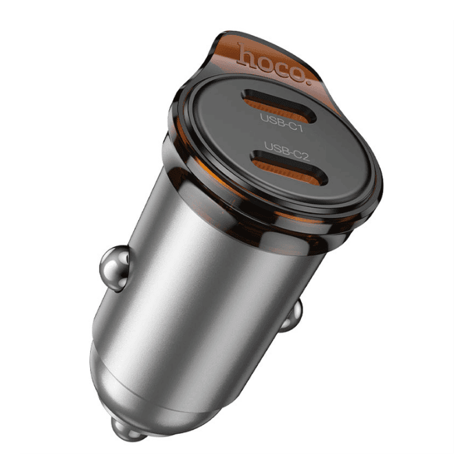 מטען רכב מהיר HOCO NZ16B עם שתי יציאות USB-C, עיצוב מודרני וקומפקטי, מתאים לטעינה מהירה של מכשירי סלולרי וטאבלטים בזמן נסיעה.